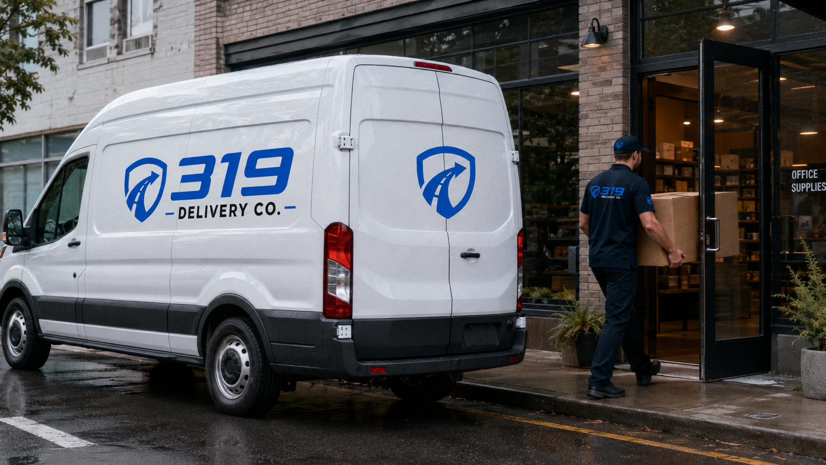 319 Delivery Co. van making a business delivery in Cedar Rapids
